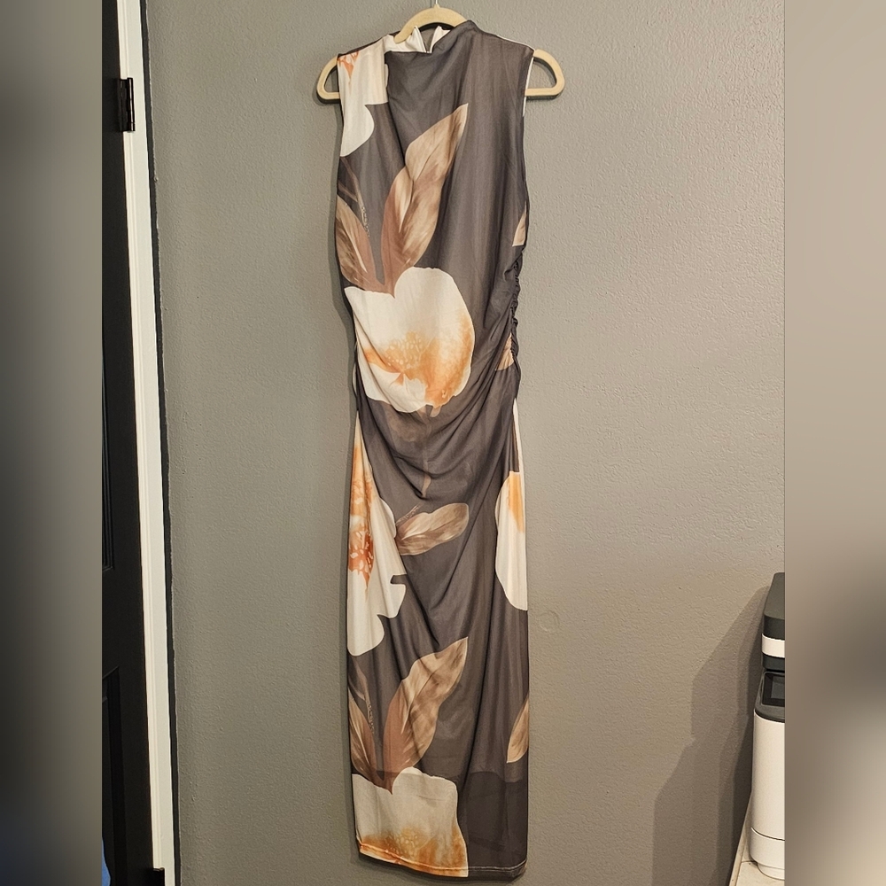 Floral Maxi Dress in Gray and Orange. Fully Lined With White, Gorgeous Mock Neck